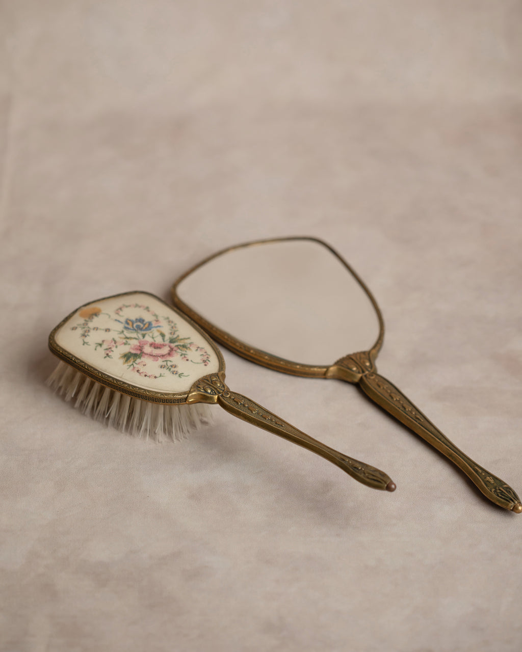 Embroidered Vanity Mirror & Brush Set