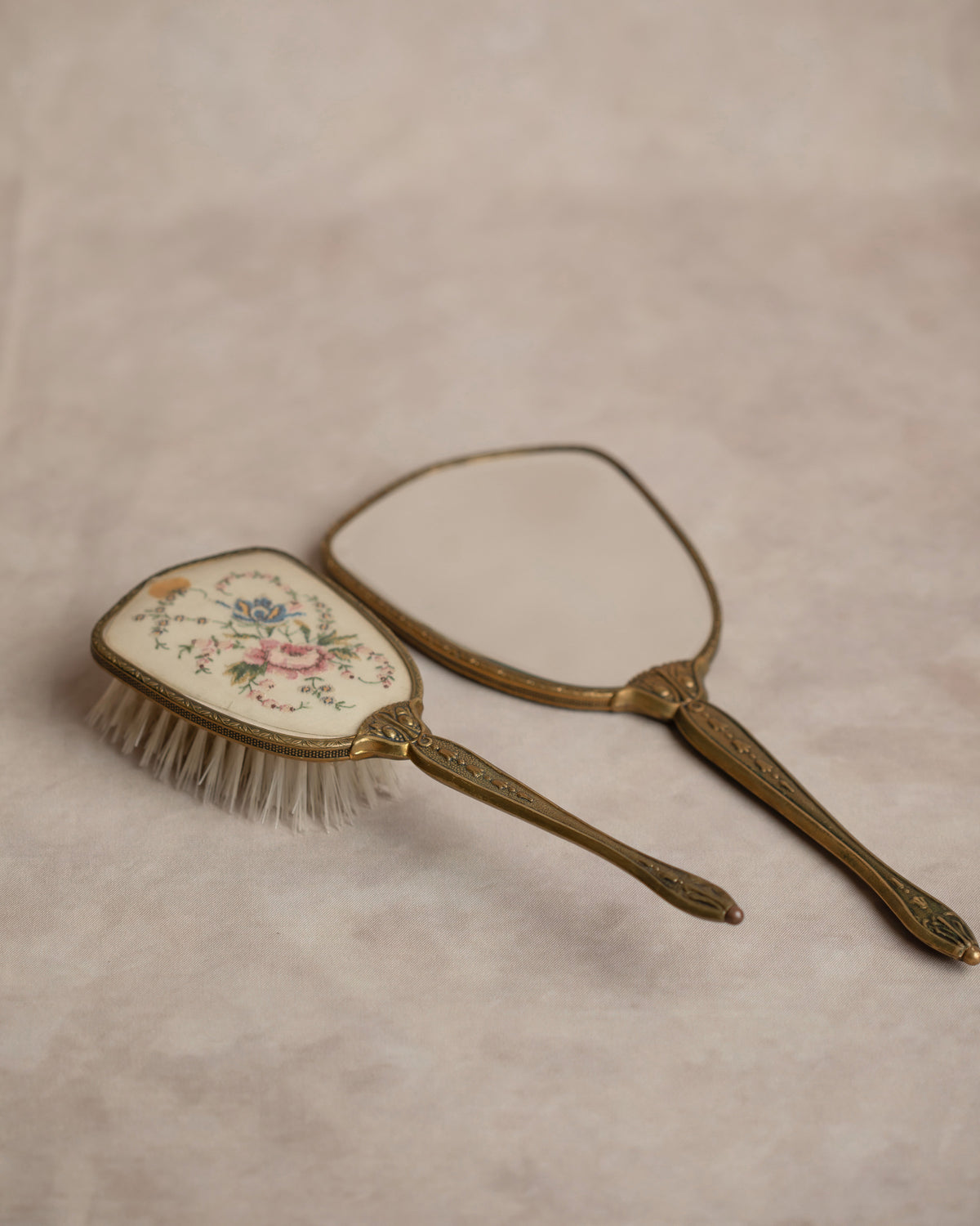 Embroidered Vanity Mirror & Brush Set