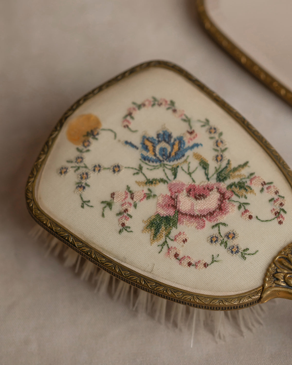 Embroidered Vanity Mirror & Brush Set