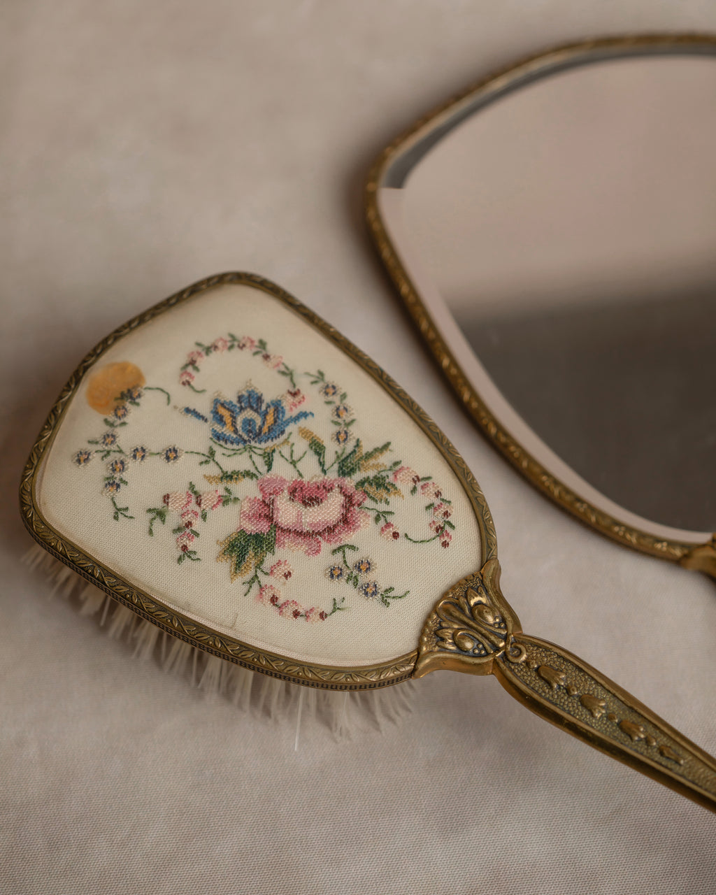 Embroidered Vanity Mirror & Brush Set
