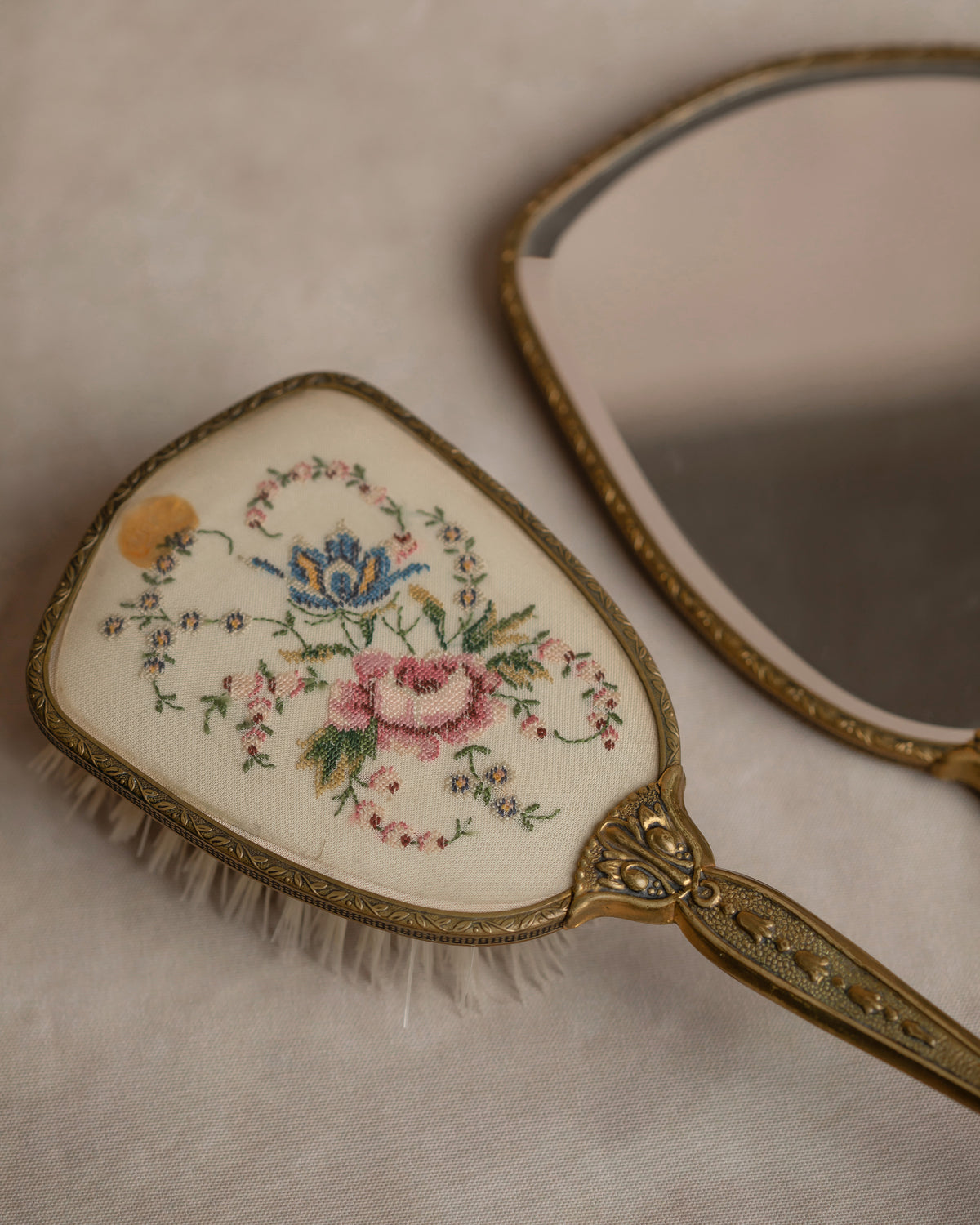 Embroidered Vanity Mirror & Brush Set
