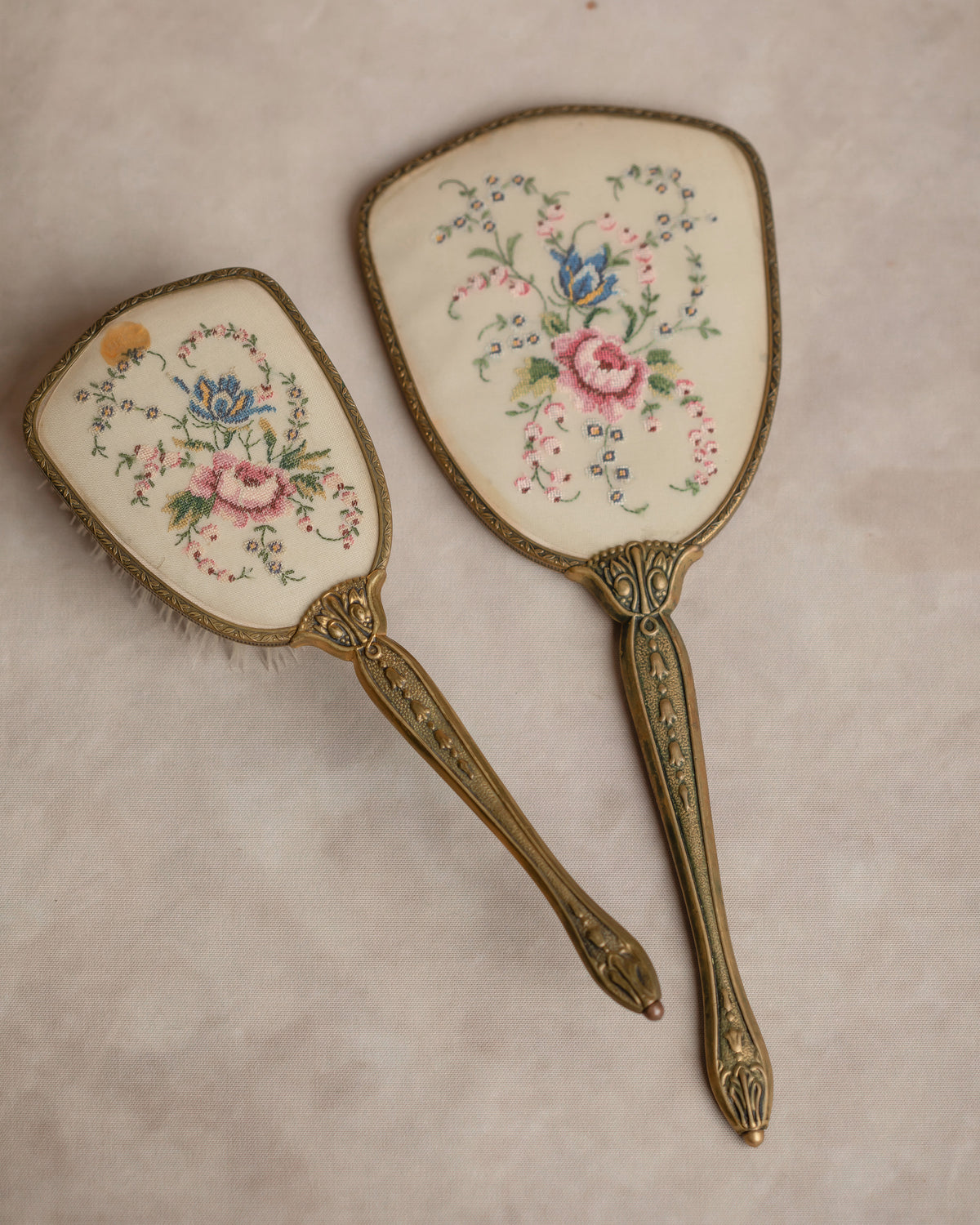 Embroidered Vanity Mirror & Brush Set
